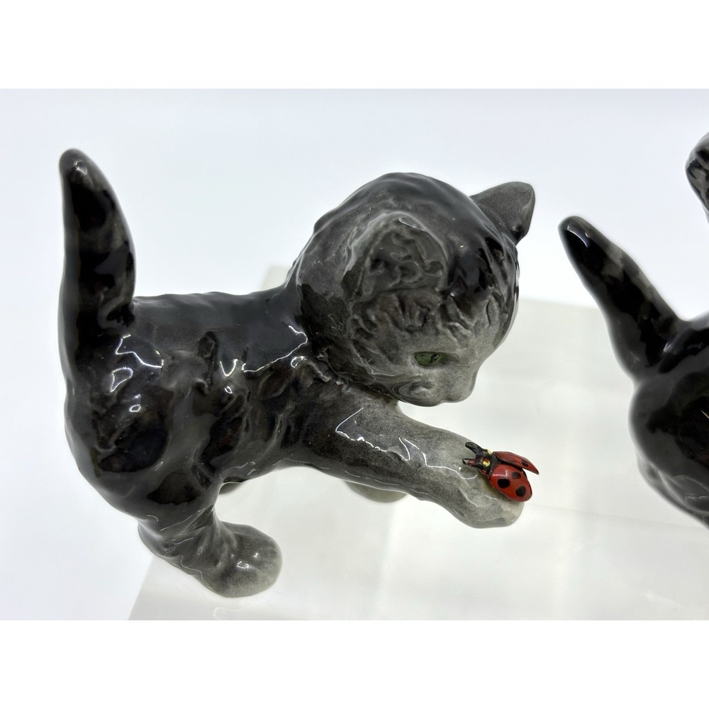 Vintage Goebel Grey Kitten Cat with Lady Bug Figurine Set Of 2 - Picture 3 of 6